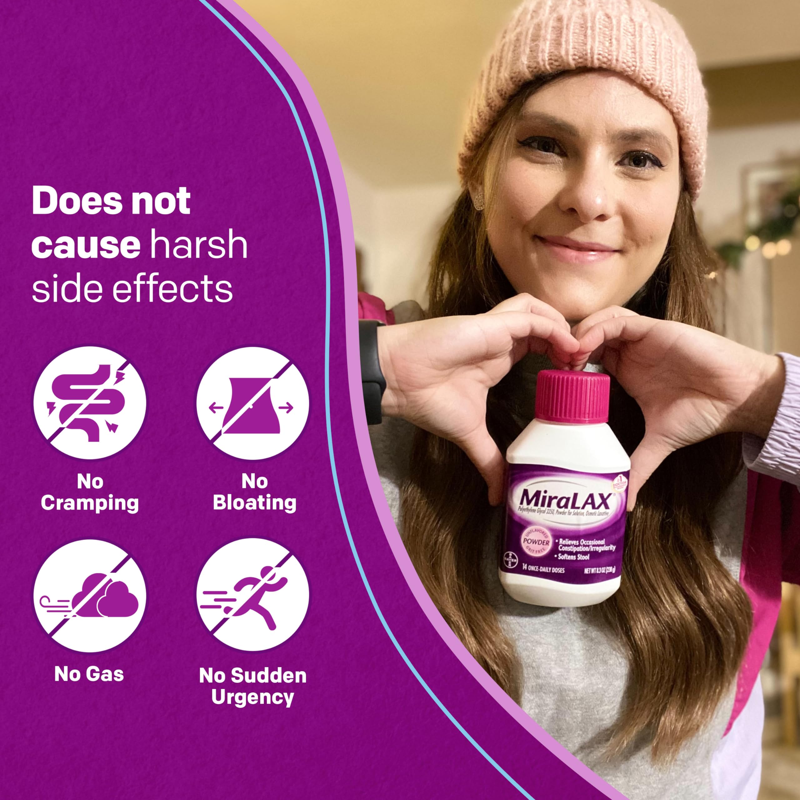 MiraLAX powder stirred into hot beverage for easy, grit-free relief.