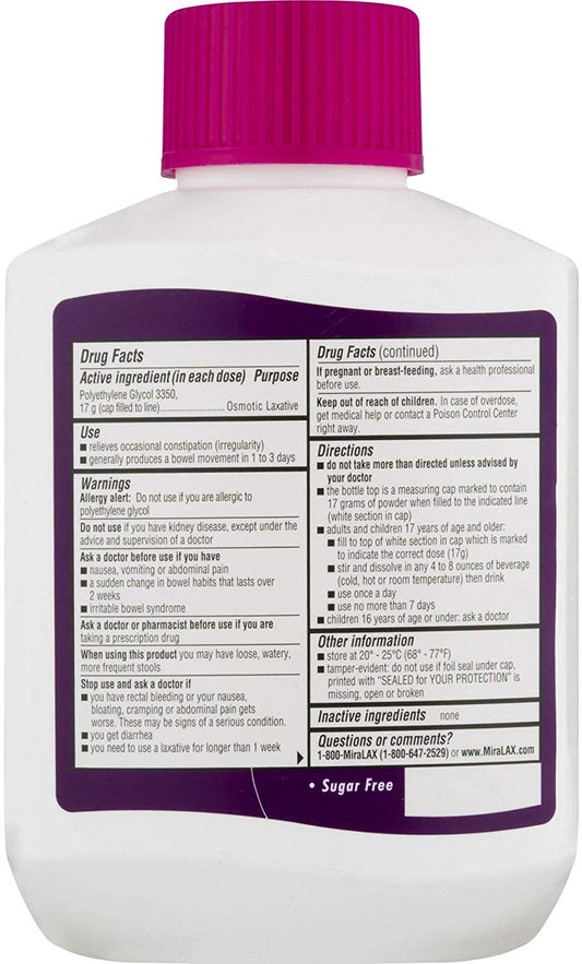 MiraLAX powder laxative box and tub, clear packaging and doses for convenient daily use and consistency