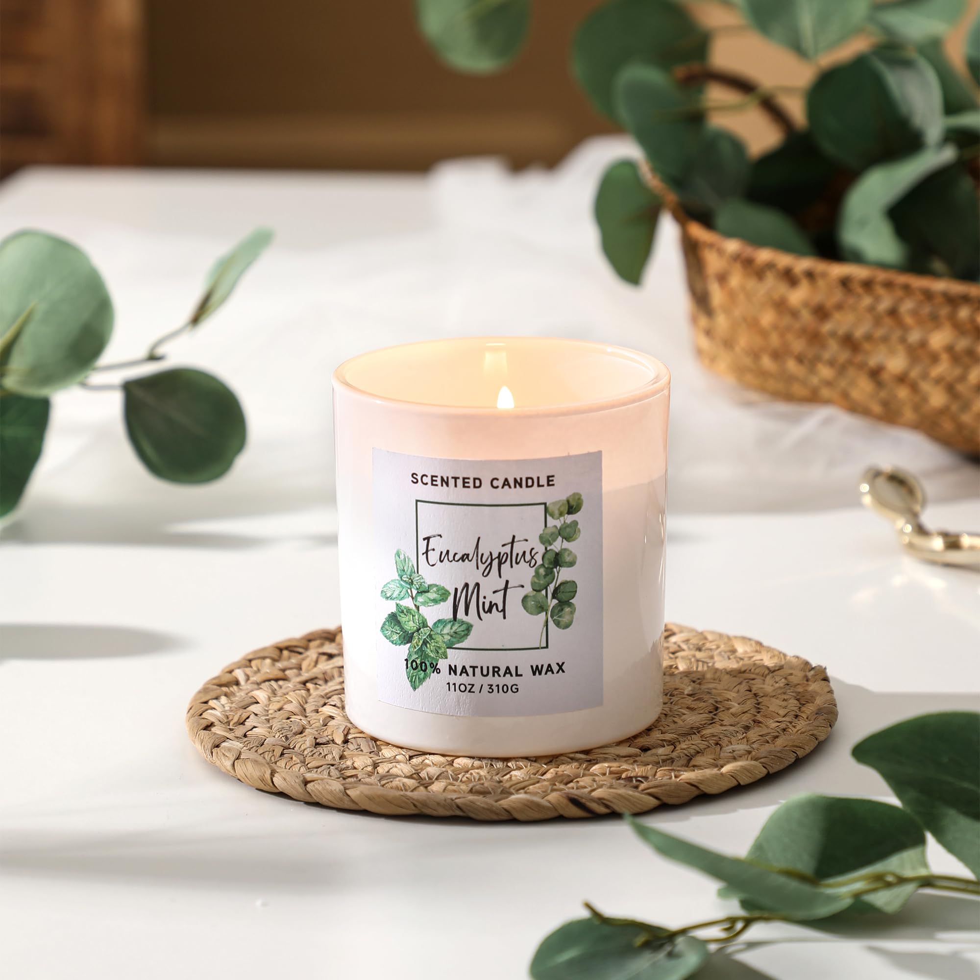 MIRASCENTS eucalyptus-mint candle with wood lid adds minimalist decor and inviting aroma.