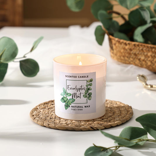 MIRASCENTS eucalyptus-mint candle with wood lid adds minimalist decor and inviting aroma.