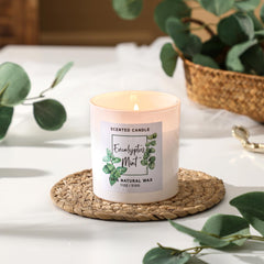 MIRASCENTS eucalyptus-mint candle with wood lid adds minimalist decor and inviting aroma.