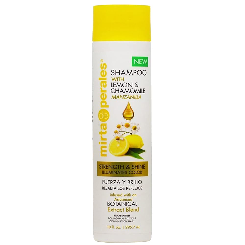 Mirta De Perales Lemon Chamomile Shampoo bottle shows shine promise
