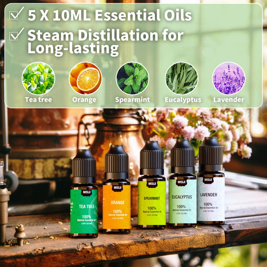 Orange, Lavender, Peppermint, Eucalyptus, and Tea Tree essential oils in 10ml bottles