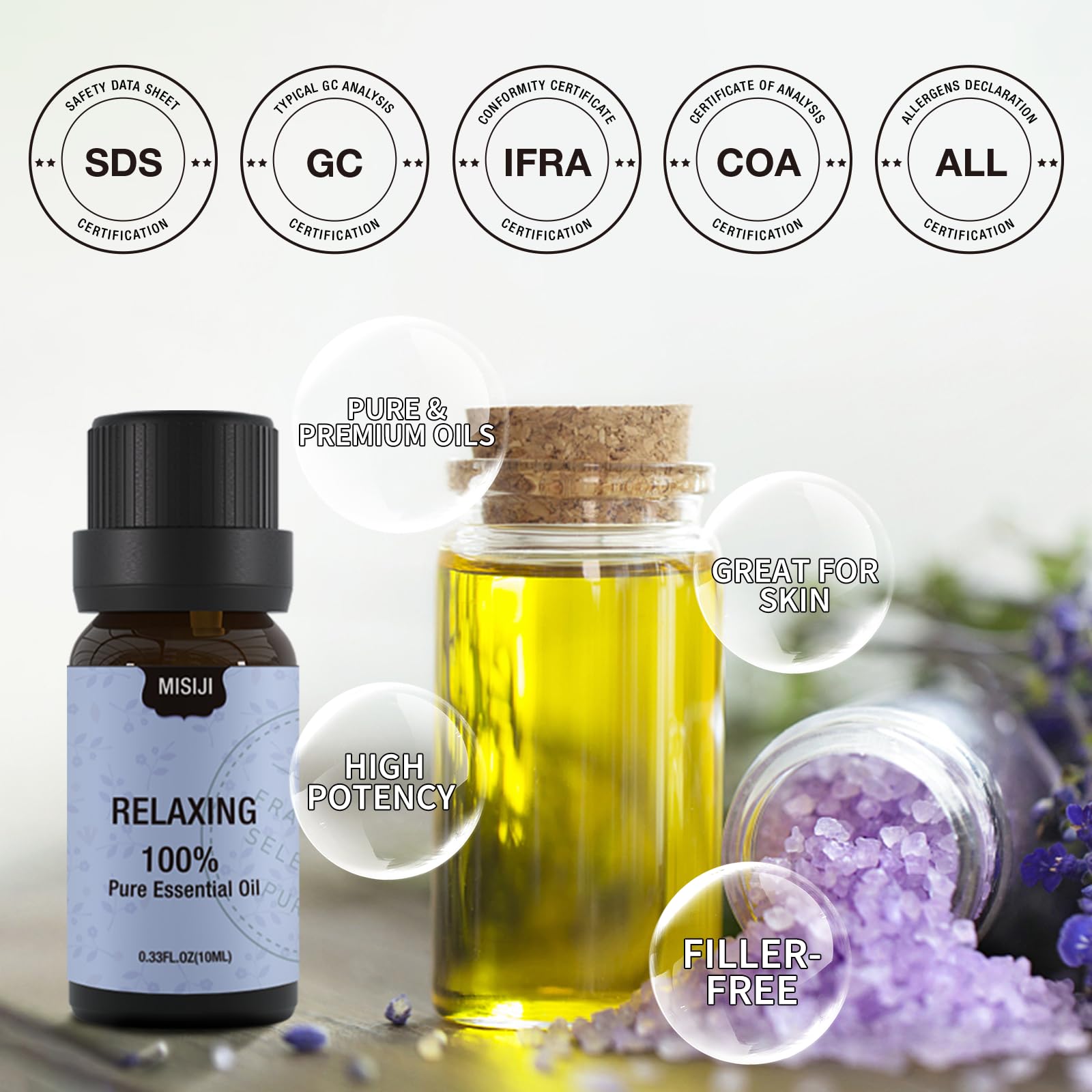 Six 10ml MISIJI essential oil bottles displayed
