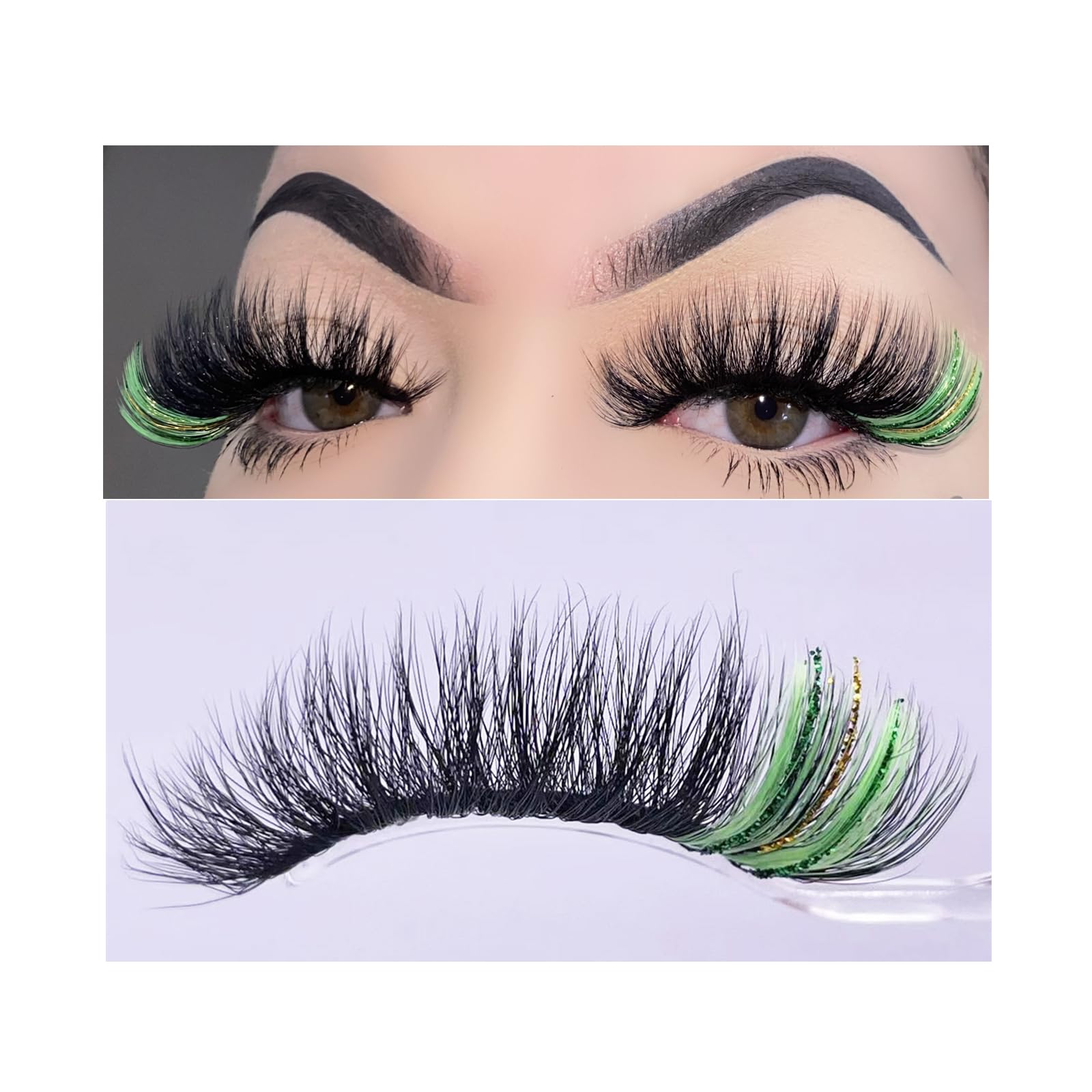 Miss Kiss black eyelashes with green glitter end for a sparkly festival look