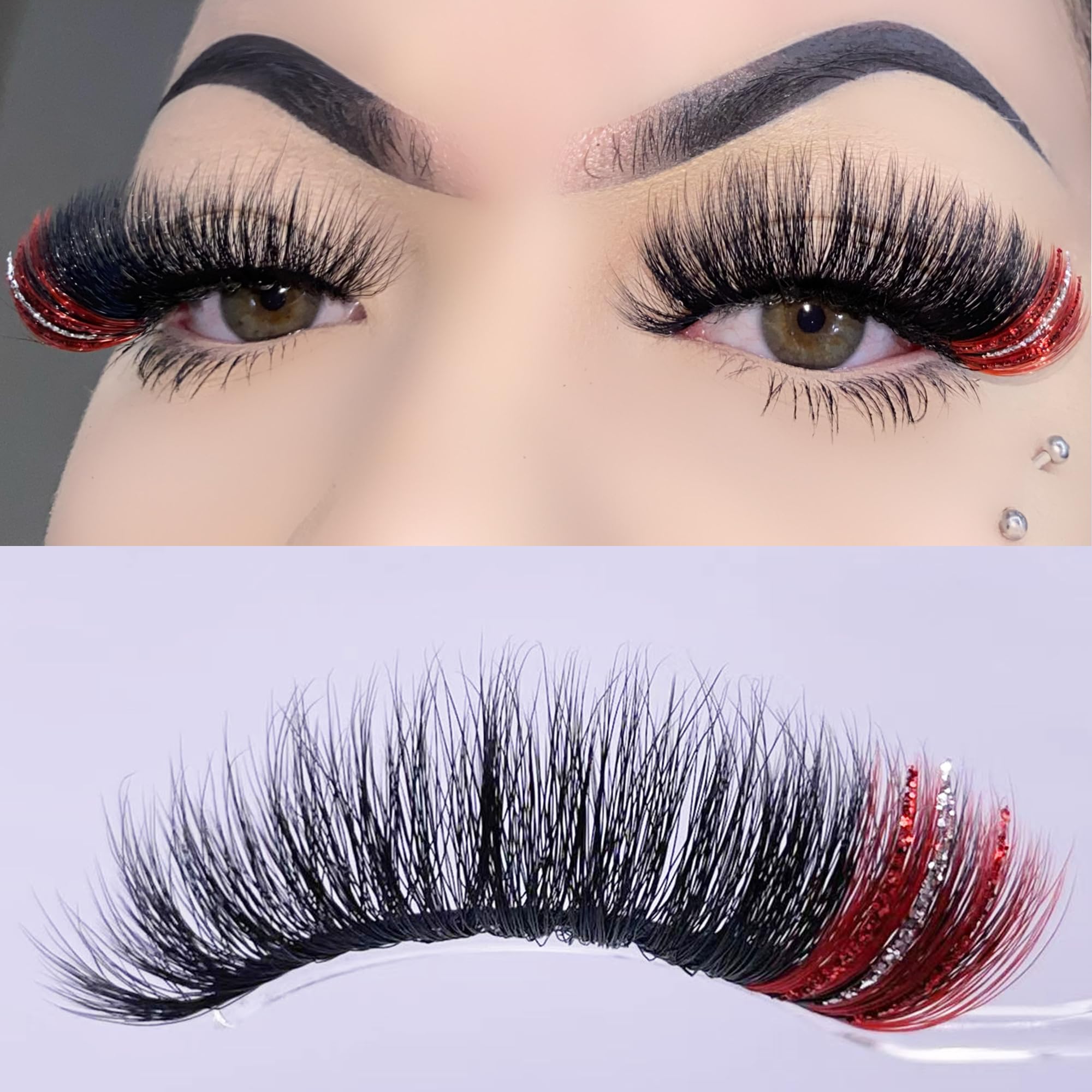 Miss Kiss black red glitter eyelashes front view for festival glam