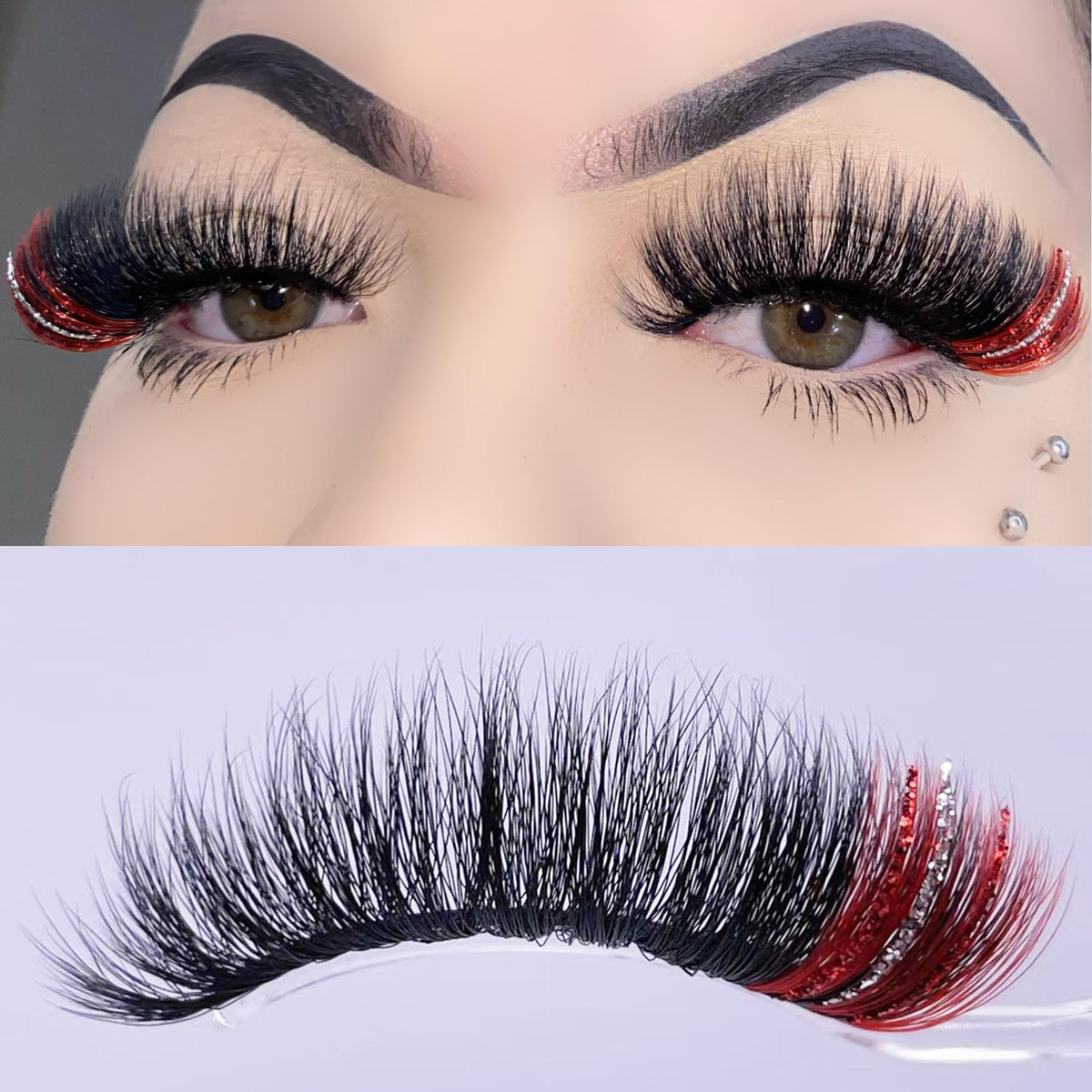 Miss Kiss black red glitter eyelashes front view for festival glam
