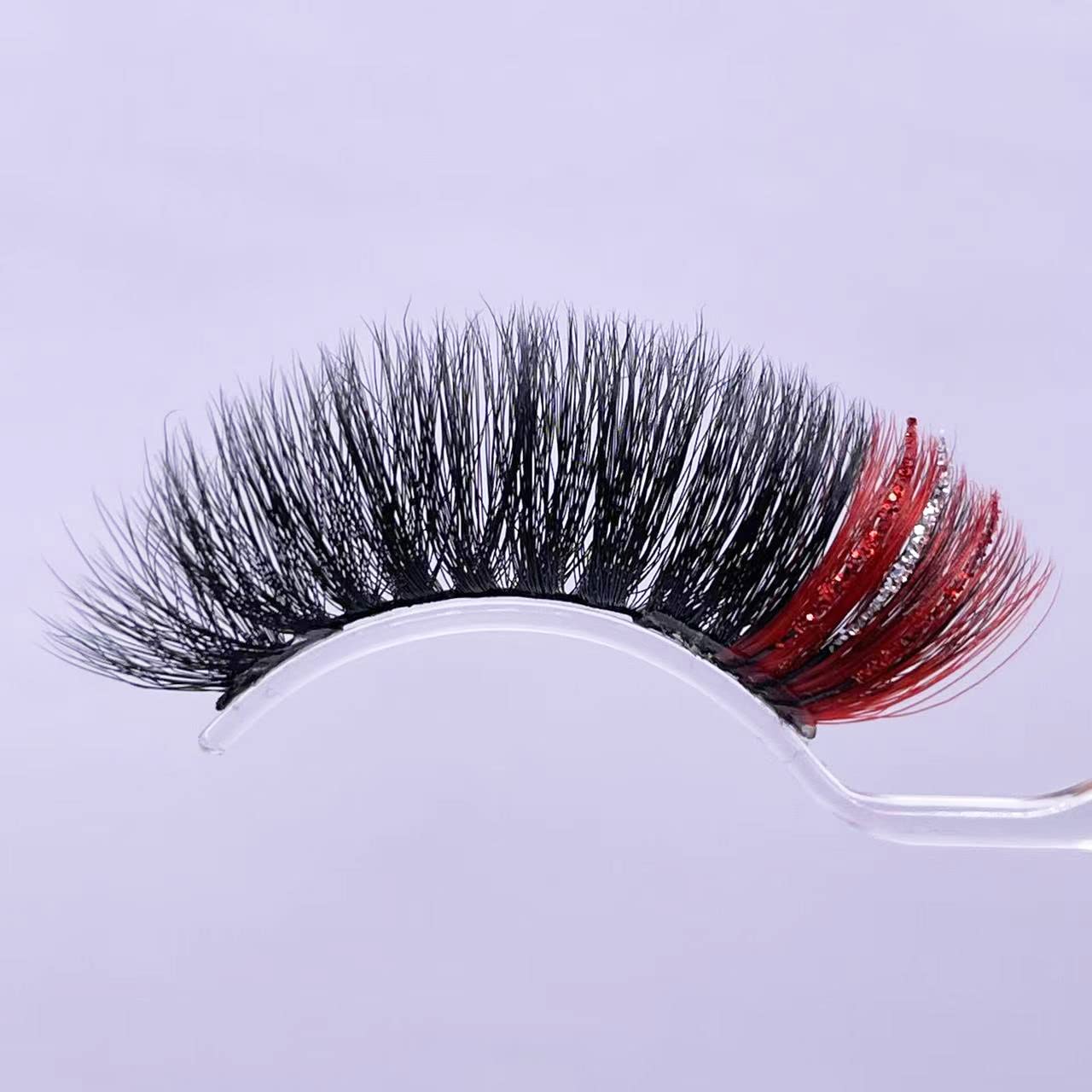 Miss Kiss black red glitter lashes side view highlighting dramatic length