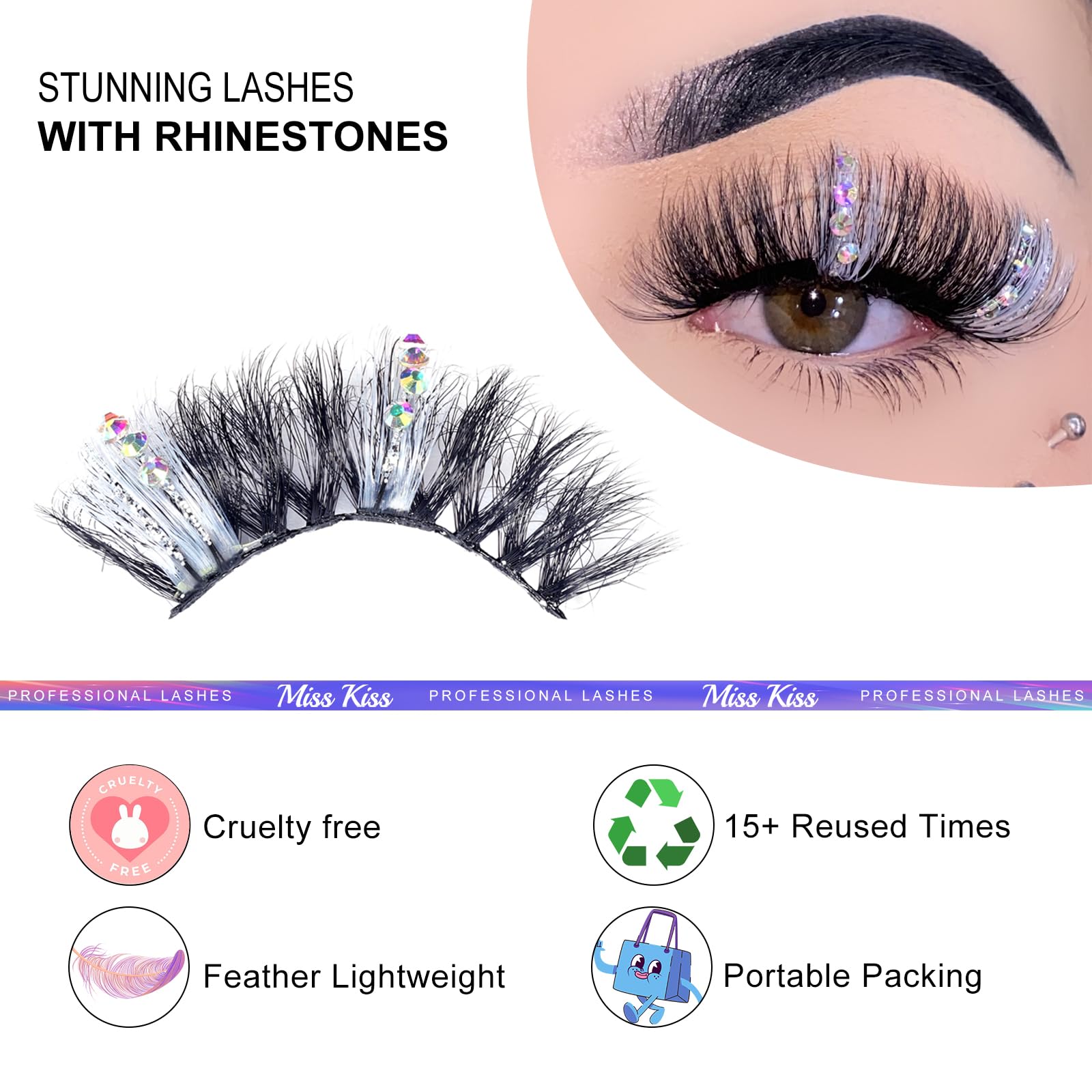 Miss Kiss silver glitter accents illuminate the lashes for a festive touch.