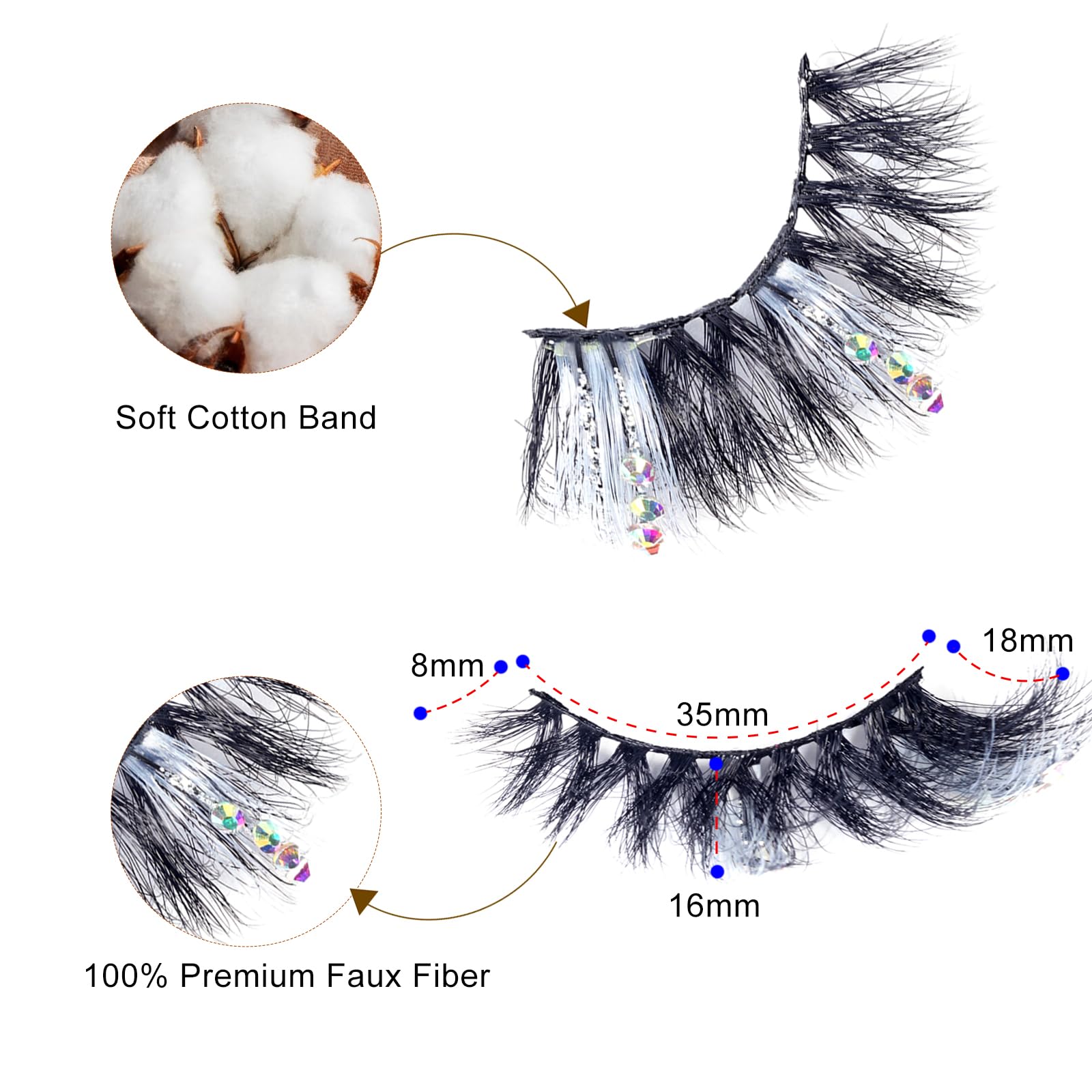 Miss Kiss white rhinestone lashes with silver glitter accents add luminous sparkle to any look.