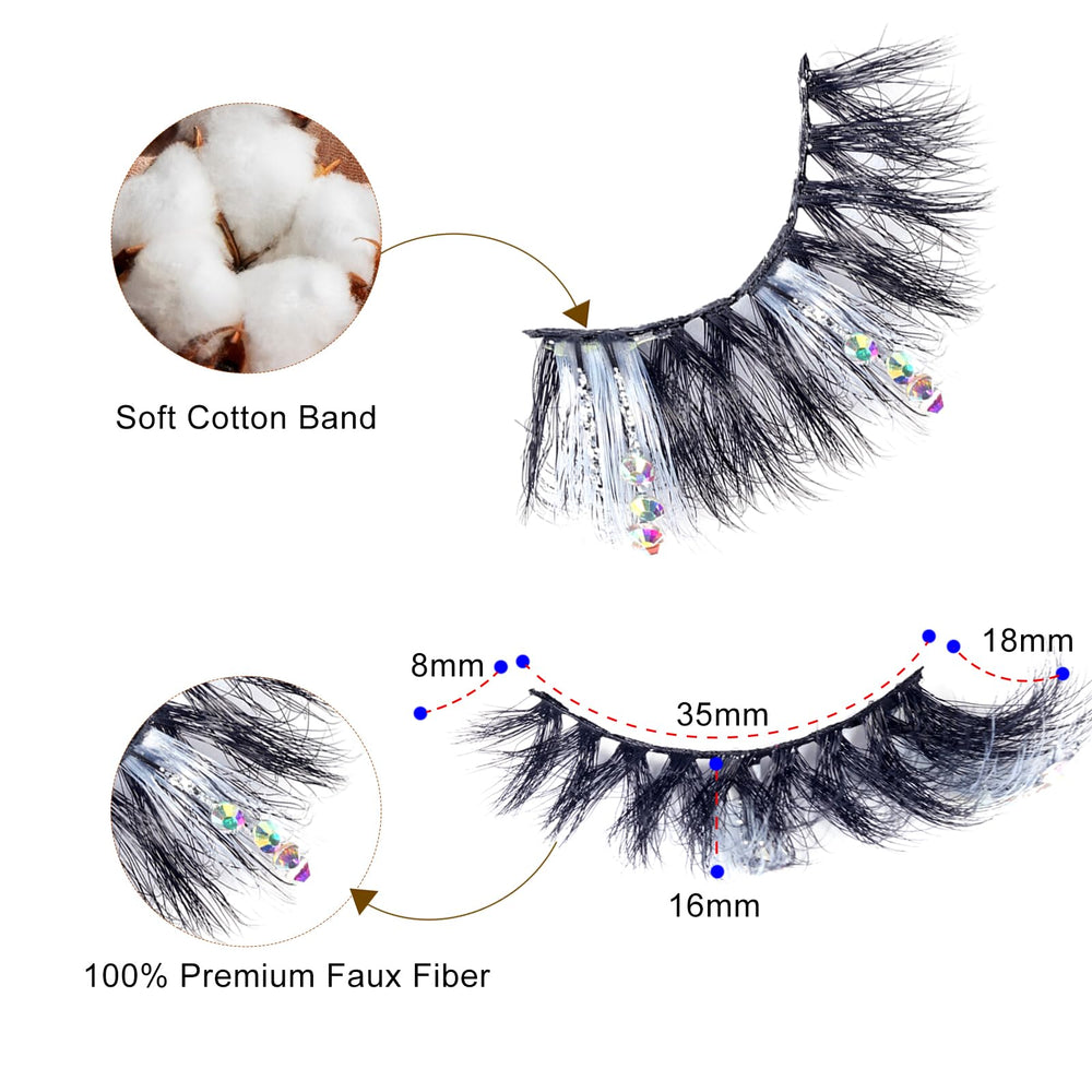 Miss Kiss white rhinestone lashes with silver glitter accents add luminous sparkle to any look.