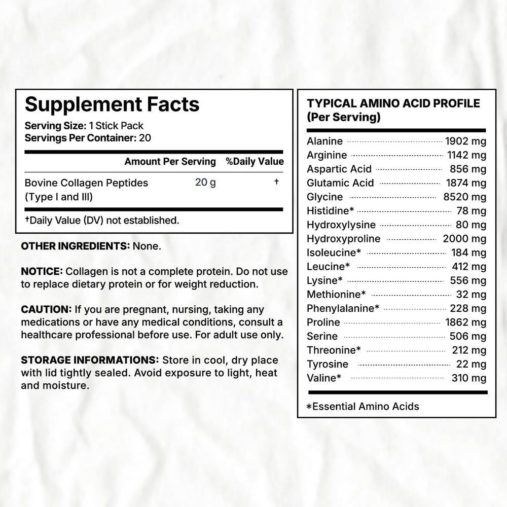 Close-up of a 20 g collagen peptide sachet