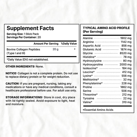 Close-up of a 20 g collagen peptide sachet