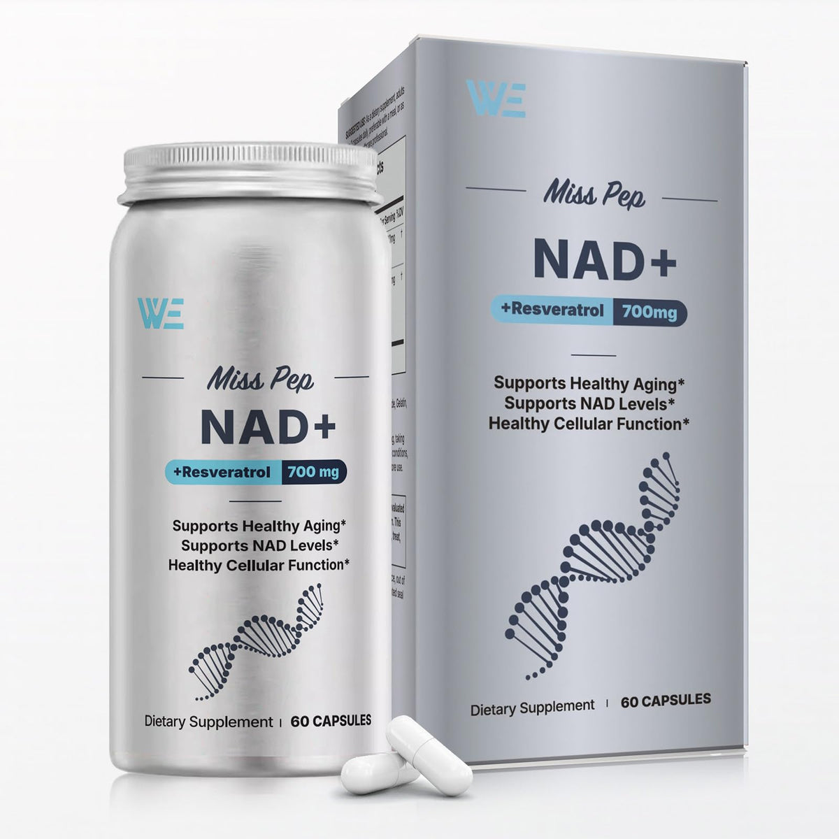 Miss Pep NAD+ supplement front bottle with 60 capsules