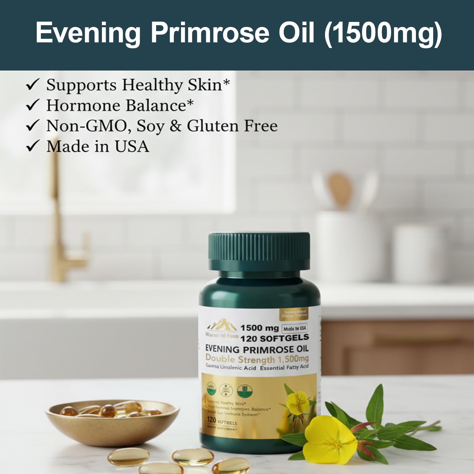 Back/label view of Mission Hill Evening Primrose Oil 1500mg softgels