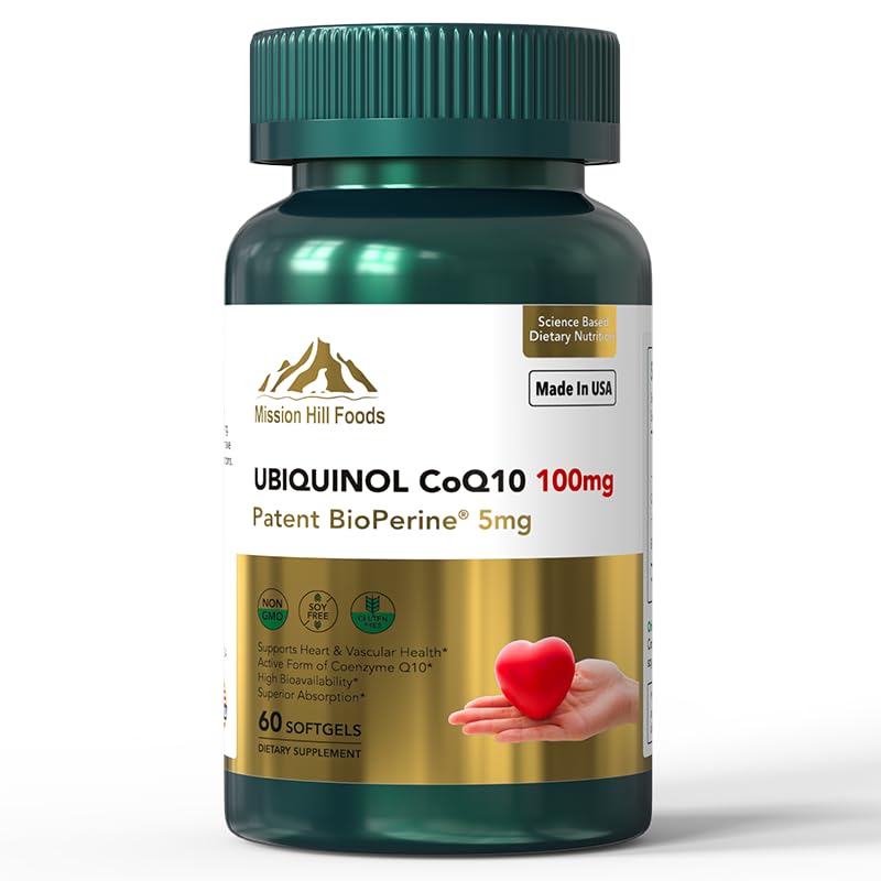 Front view of Mission Hill Foods Ubiquinol CoQ10 + BioPerine 100mg bottle