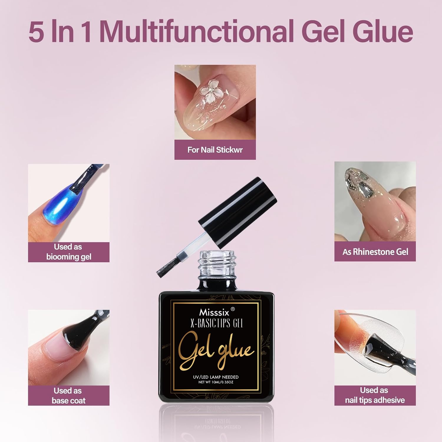 Misssix 9-in-1 nail glue gel creates secure adhesion.
