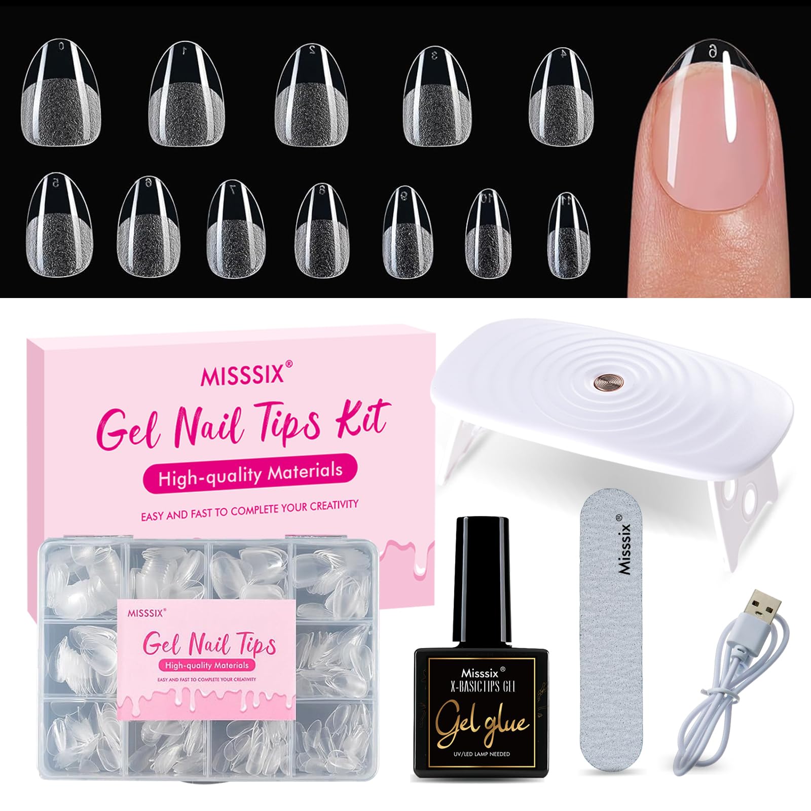 Misssix extra-short almond nail tips kit contents for at-home manicure