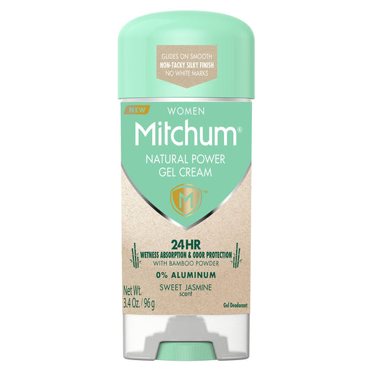 Mitchum Natural Power Gel Cream bottle with 96% naturally derived ingredients and aluminum-free protection.