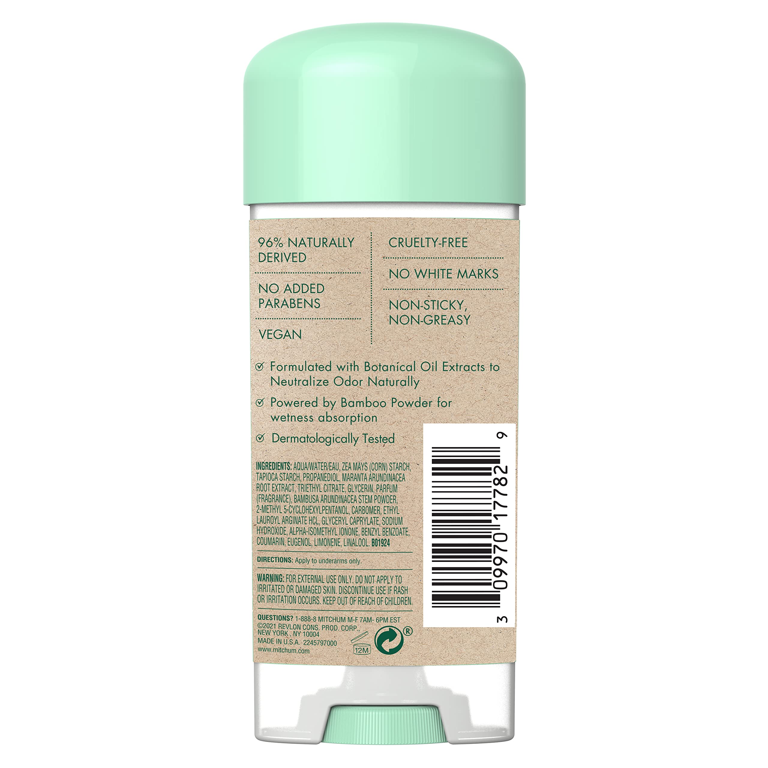 Brand packaging emphasizing vegan and cruelty-free commitments for Mitchum gel cream.