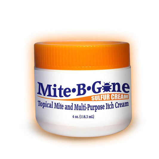 Mite-B-Gone cream jar close-up showing texture for fast itch relief.