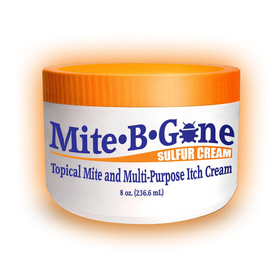 Mite-B-Gone mite cream bottle pour demonstrates quick itch relief potential