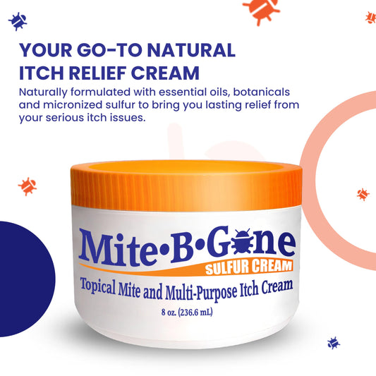 Mite-B-Gone mite cream jar label highlights natural formula for gentle skin support