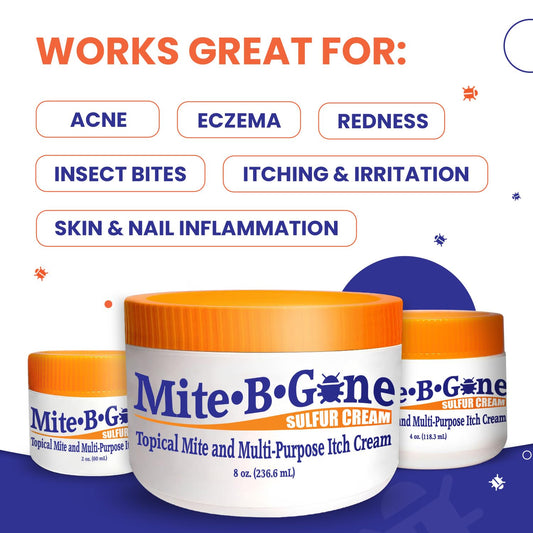 Mite-B-Gone packaging label highlighting natural sulfur blend and dermatologist-tested credentials.