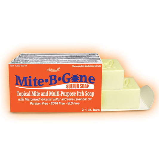 Mite-B-Gone Relief Soap bar closeup shows soothing volcanic sulfur for itch relief.