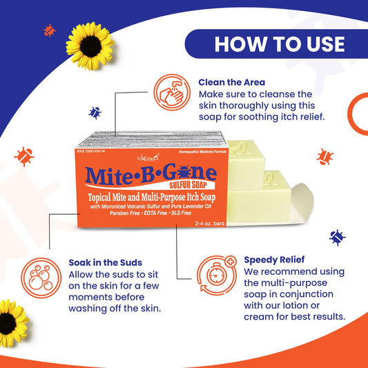 Mite-B-Gone Relief Soap packaging highlights kid-safe formula and USA-made craftsmanship.