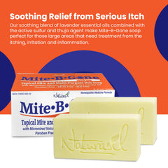 Mite-B-Gone Relief Soap packaging highlights kid-safe formula and USA-made craftsmanship.