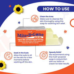 Mite-B-Gone Relief Soap packaging highlights kid-safe formula and USA-made craftsmanship.