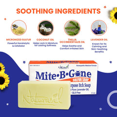 Mite-B-Gone Relief Soap soothing lather demonstrates gentle daily use.