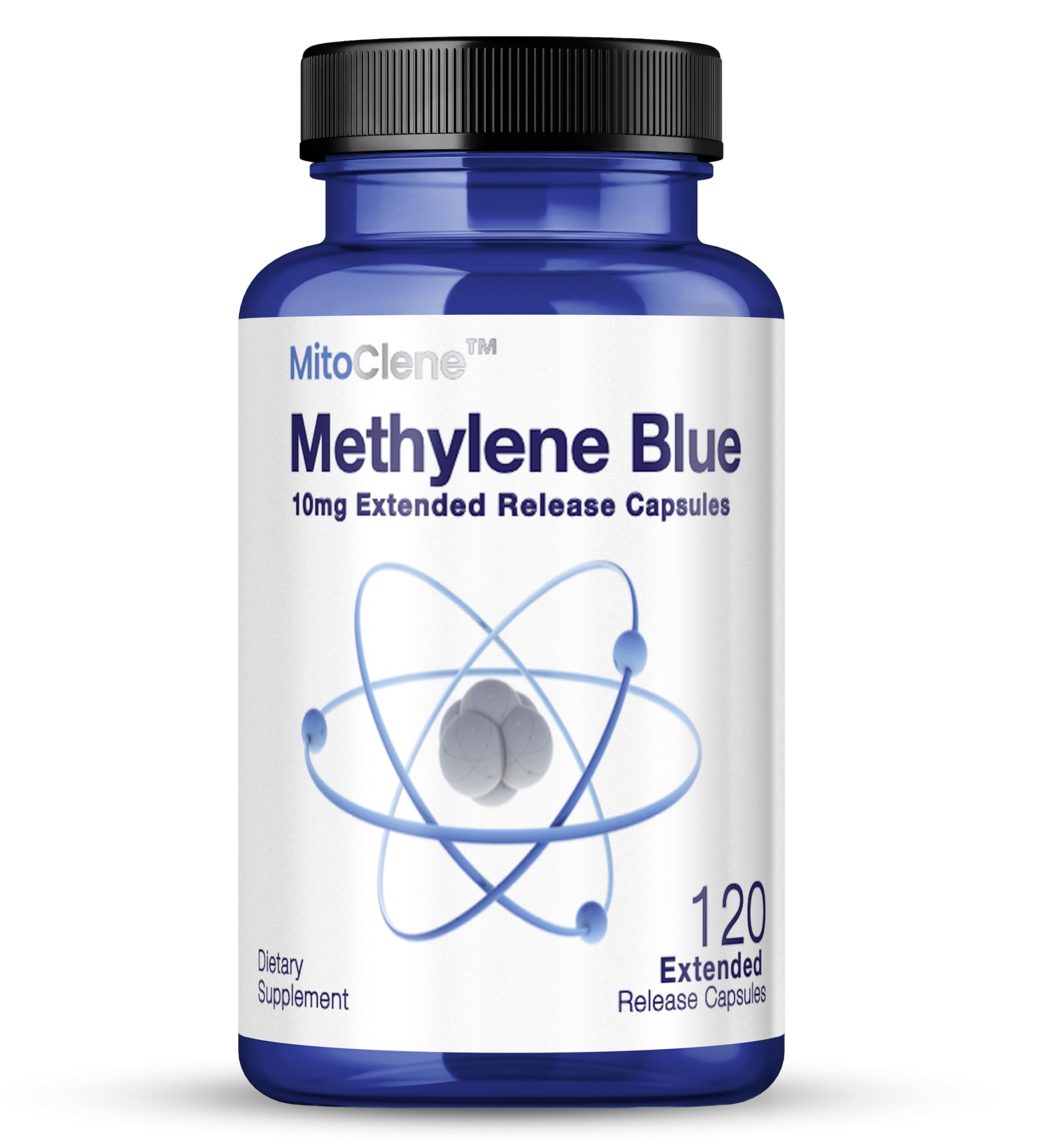 Bottle of MitoClene extended release 10mg methylene blue capsules