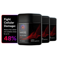 MitoQ Pure supplement bottle with mitochondrial imagery