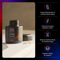 MitoQ Pure capsules close-up highlighting a targeted antioxidant for cellular energy support.