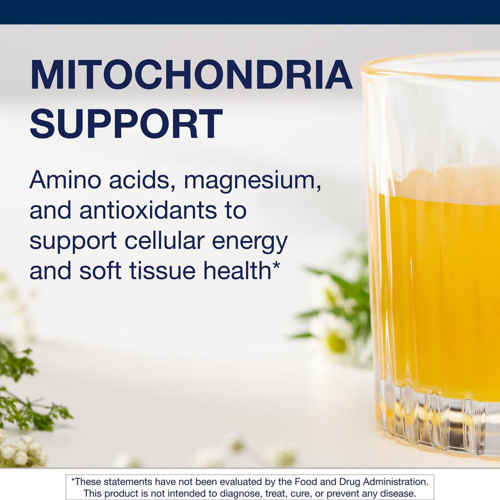 Orange-flavored MitoVive powder being mixed or poured for consumption