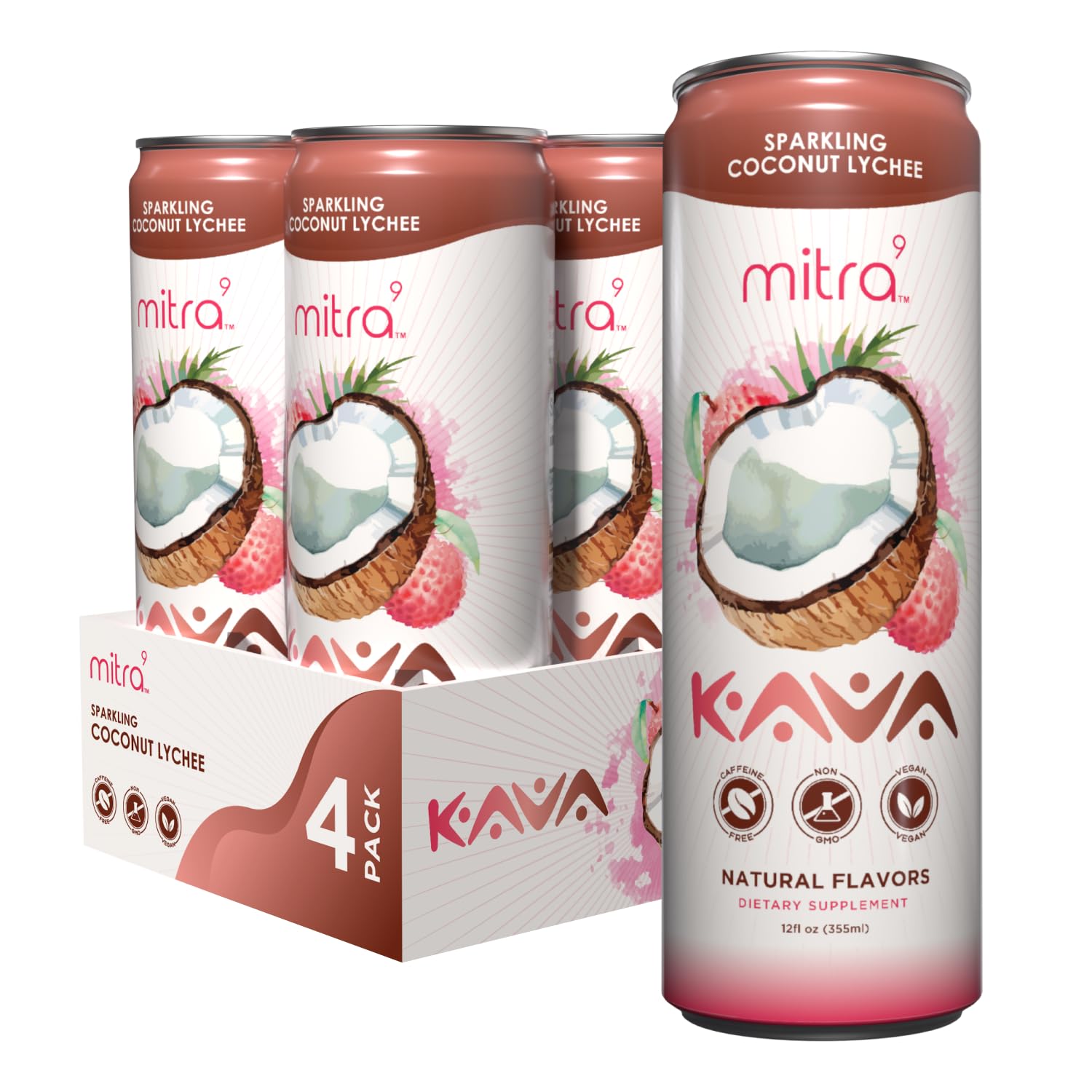 MITRA9 Coconut Lychee Sparkling Kava Drink bottle front view