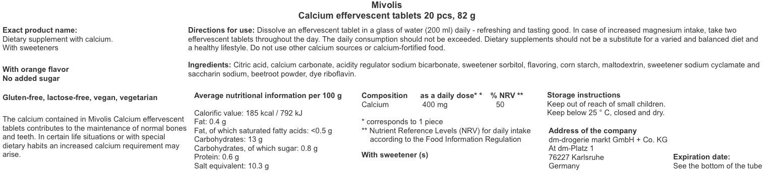 Illustration of ingredients and nutrition for Mivolis Calcium tablets