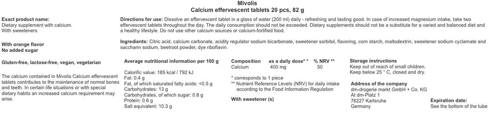 Illustration of ingredients and nutrition for Mivolis Calcium tablets
