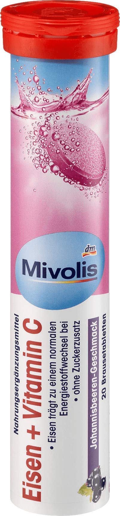 Mivolis logo and product branding for Iron + Vitamin C tablets