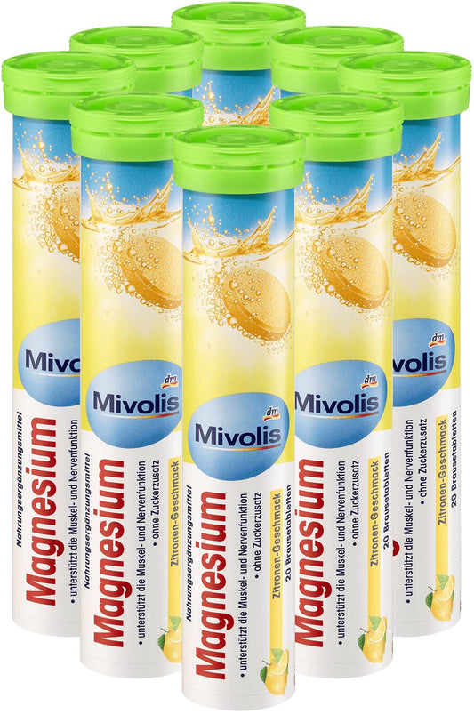 Box front of Mivolis Magnesium Effervescent Tablets with lemon flavor