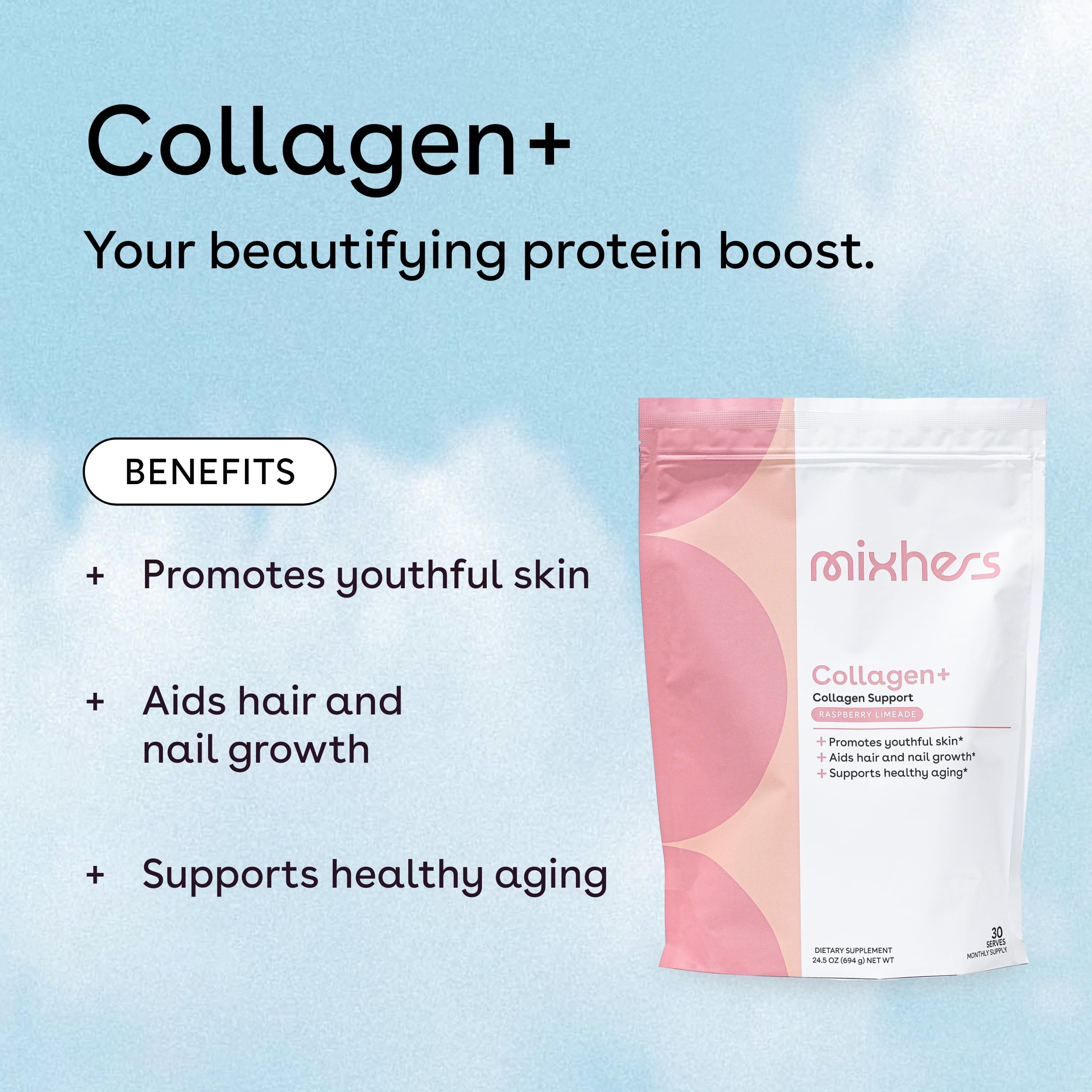 Ingredients and peptide blend chart for MIXHERS Collagen Powder