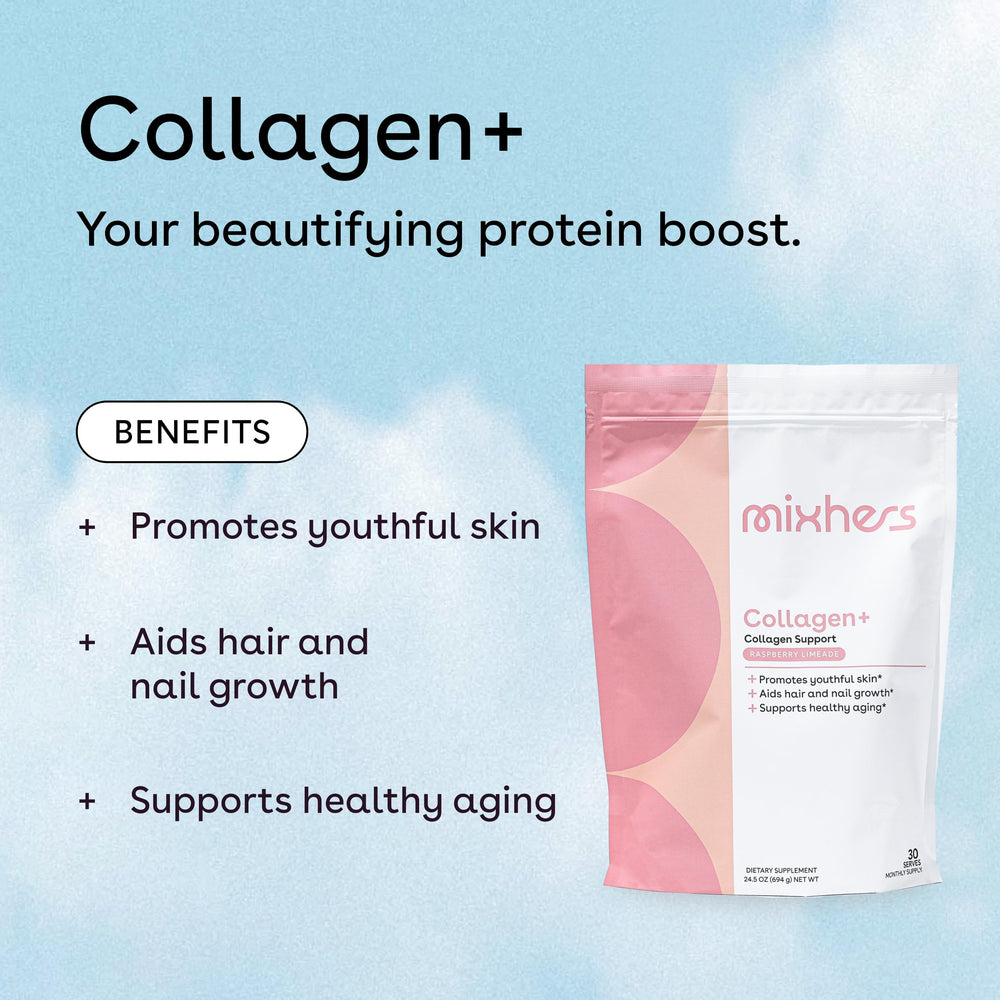 Ingredients and peptide blend chart for MIXHERS Collagen Powder