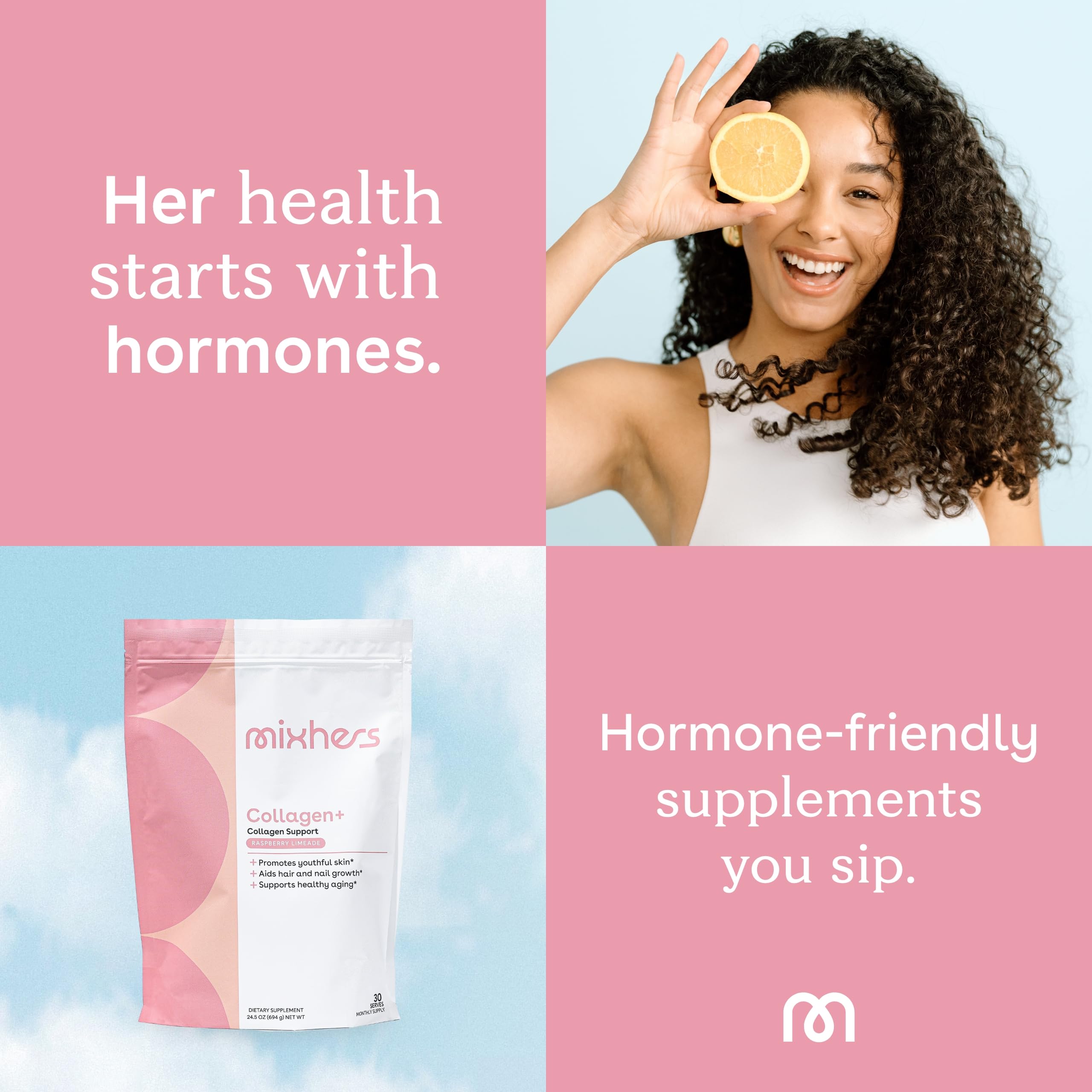 Lifestyle shot of MIXHERS Collagen Powder with raspberry limeade flavor