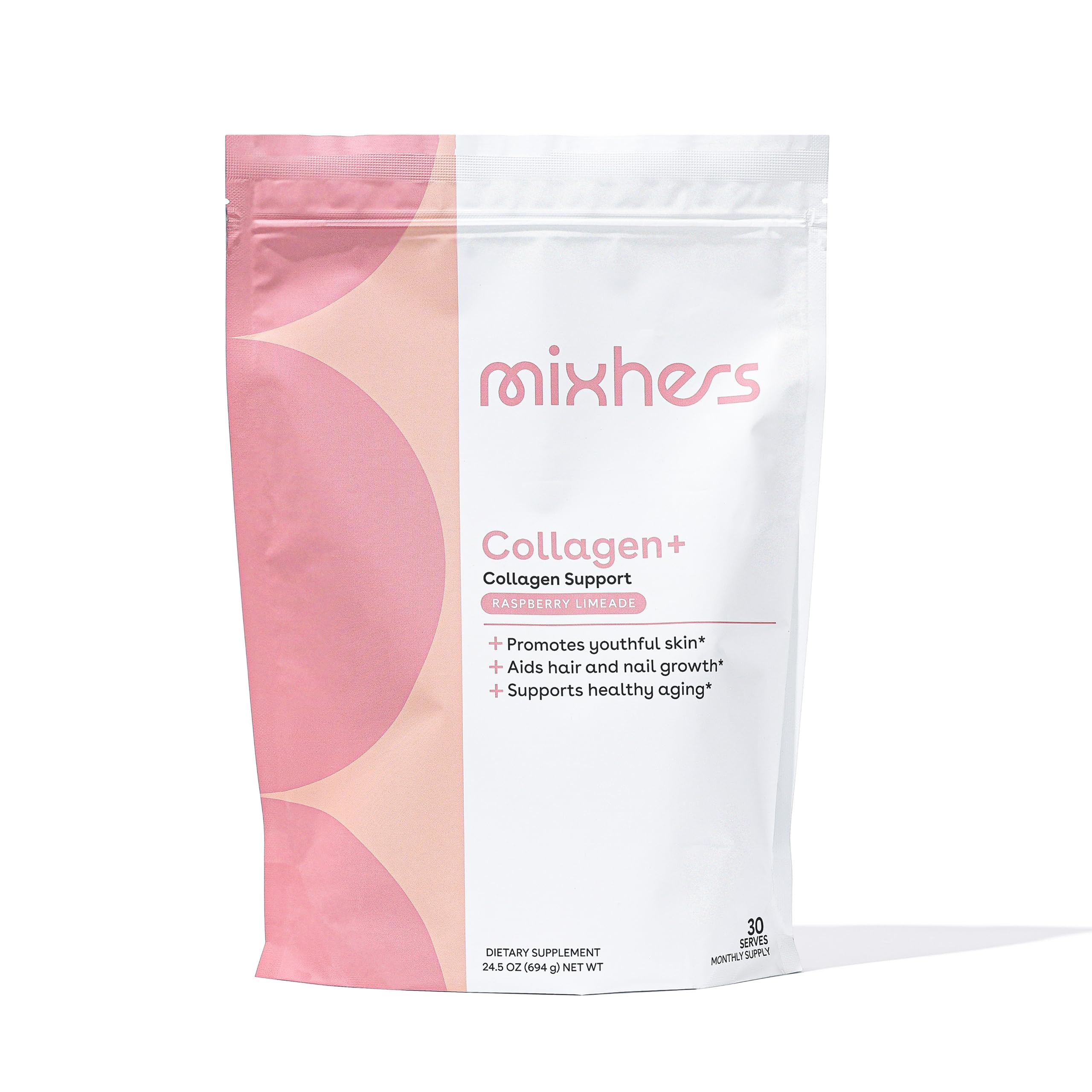 Front view of MIXHERS Collagen Powder Raspberry Limeade 30-Day Supply tub