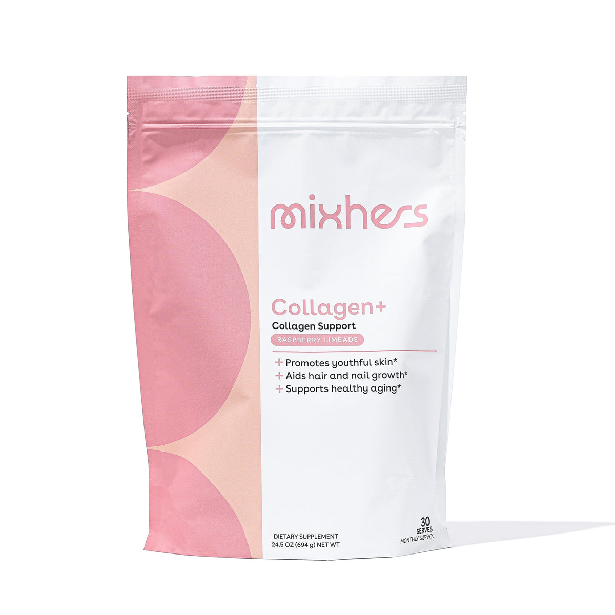 Front view of MIXHERS Collagen Powder Raspberry Limeade 30-Day Supply tub