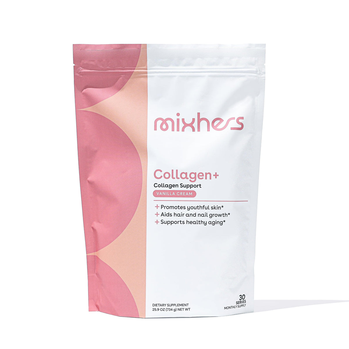 Mixhers Collagen Powder Vanilla Cream tub with scoop