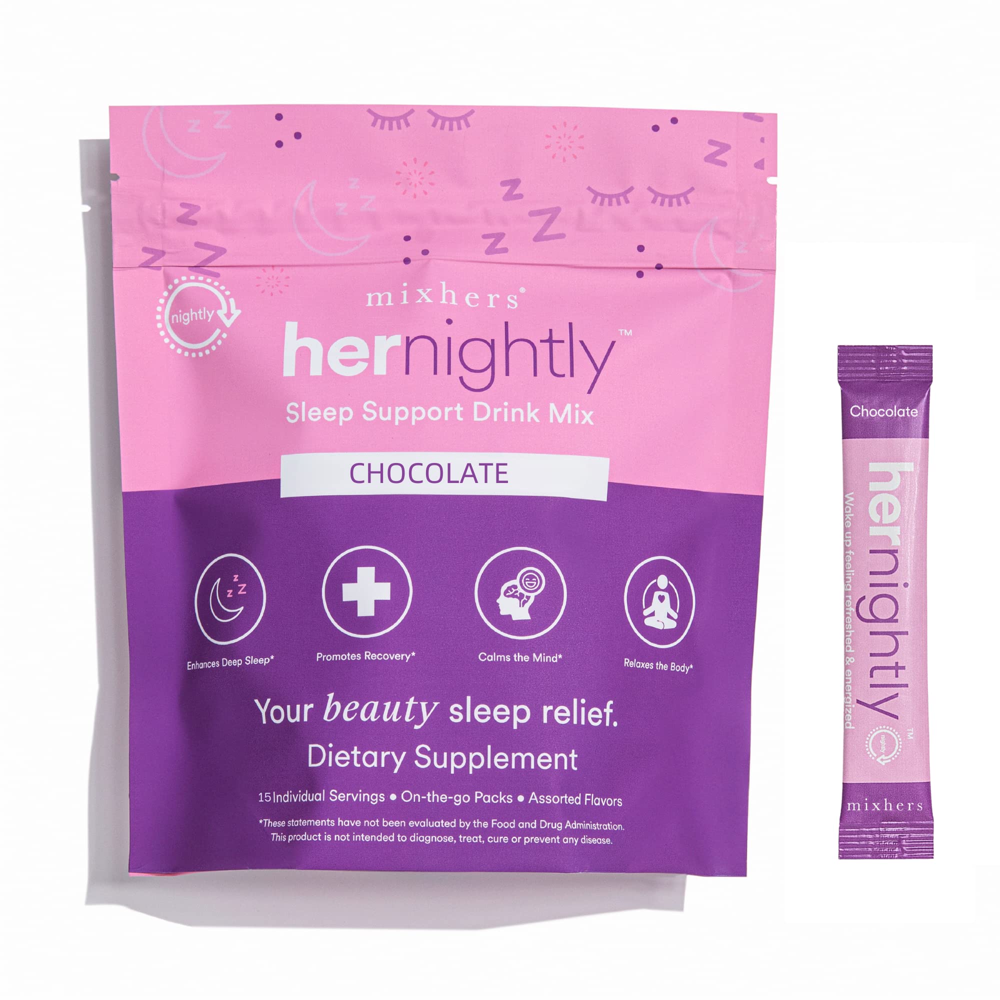 MIXHERS Sleep Support Chocolate Drink Mix packaging and sticks