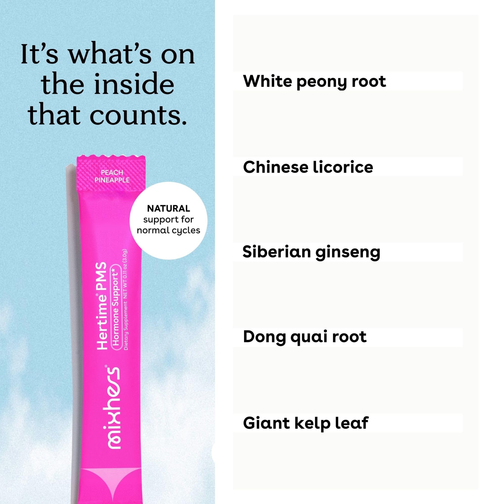 Close-up of Hertime PMS+ ingredients including white peony root